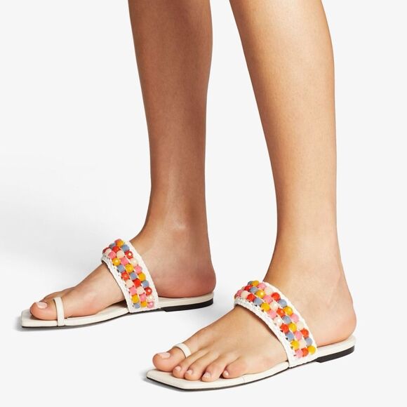 Jimmy Choo Women's White Amoure Flat Embellished Beaded Raffia Sandals size 38.5 - Picture 10 of 10